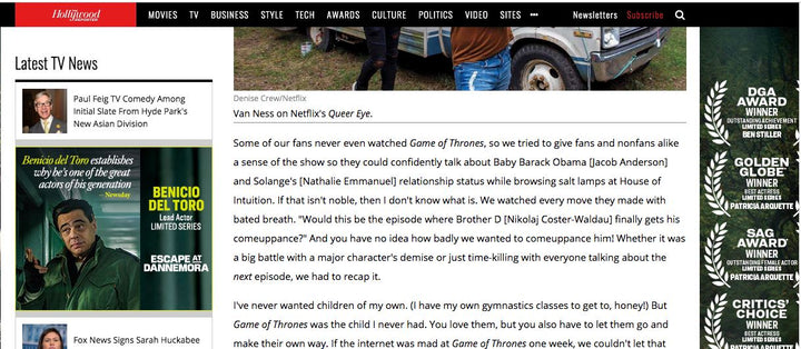 Hollywood Reporter reports about House of Intuition being on the popular Gay Of Thrones webseries
