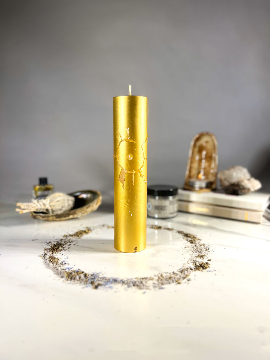 SUN MAGIC - GOLD - Spellcasting Pillar Candle for Symbol Carving & Herb Rolling Candle -Pillar V380 